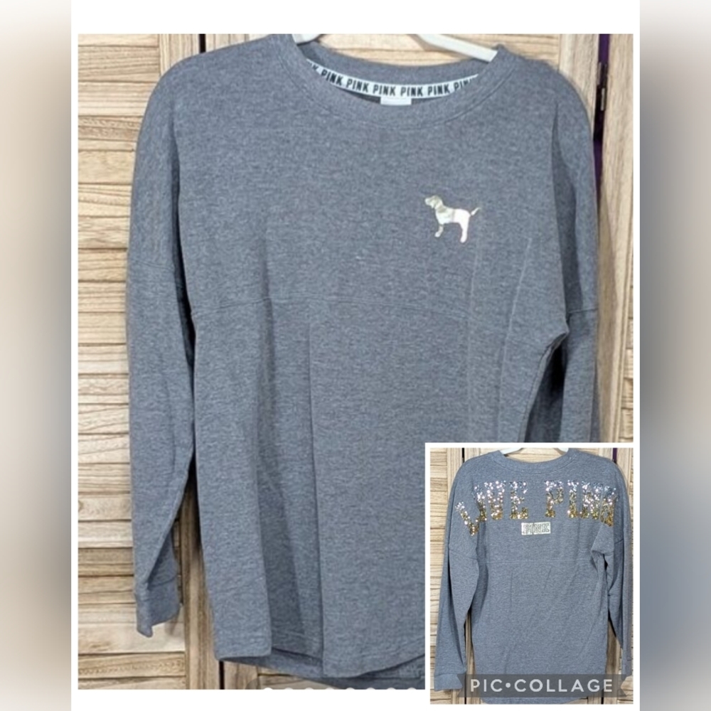 PINK Victoria's Secret Shirt Gray Long Sleeve Dog Logo Sequined Back Size XS